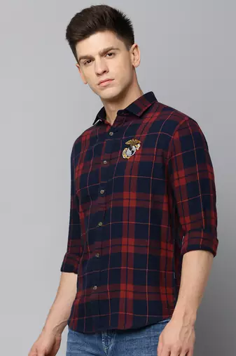 men's long sleeves tartan checks navy blue shirt