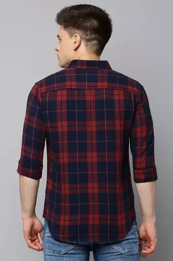men's long sleeves tartan checks navy blue shirt