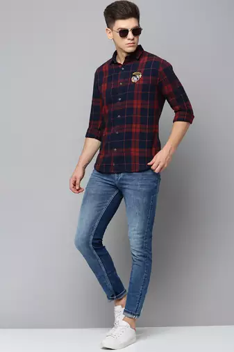 men's long sleeves tartan checks navy blue shirt