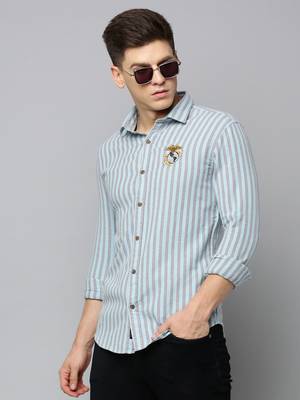 Showoff men's long sleeves vertical stripes sea green shirt 1