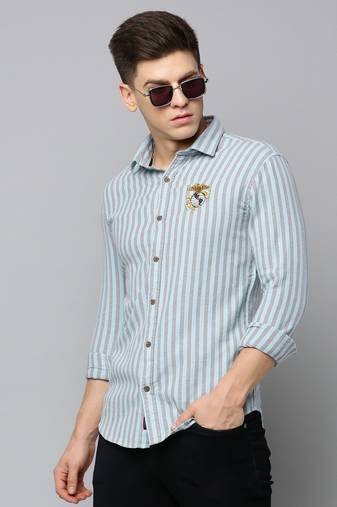 Showoff men's long sleeves vertical stripes sea green shirt