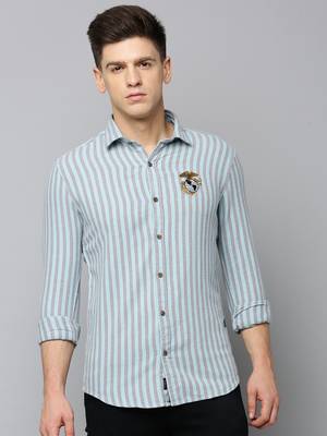 Showoff men's long sleeves vertical stripes sea green shirt 2