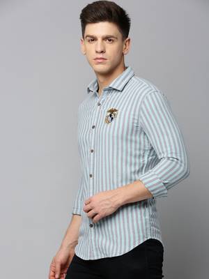 Showoff men's long sleeves vertical stripes sea green shirt 3