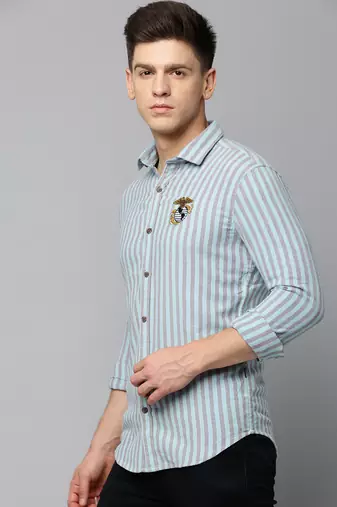 Showoff men's long sleeves vertical stripes sea green shirt