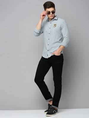 Showoff men's long sleeves vertical stripes sea green shirt 5