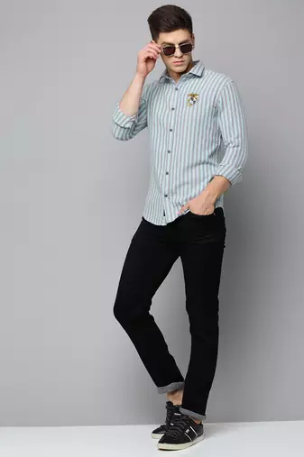 Showoff men's long sleeves vertical stripes sea green shirt