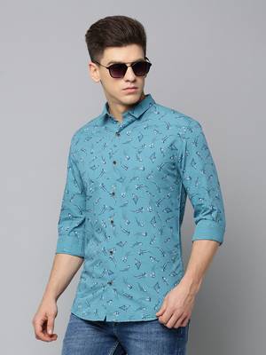 men's long sleeves conversational turquoise blue shirt 1