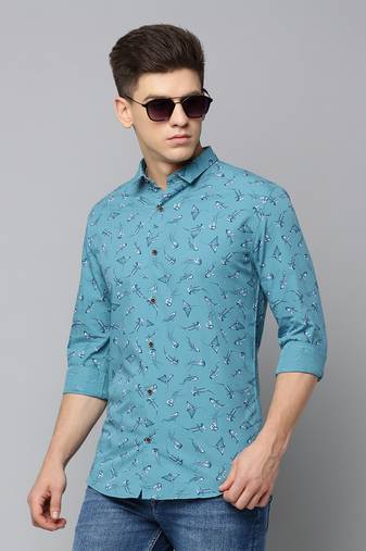 men's long sleeves conversational turquoise blue shirt