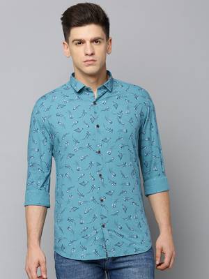 men's long sleeves conversational turquoise blue shirt 2