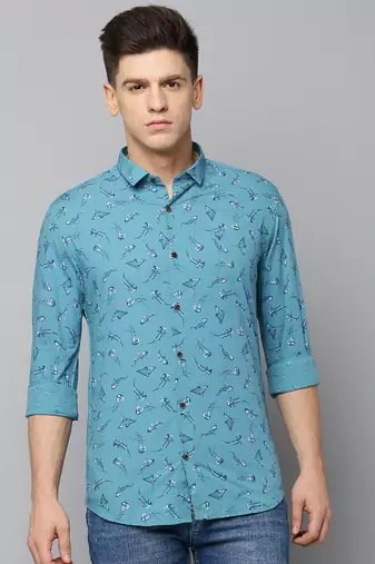 men's long sleeves conversational turquoise blue shirt