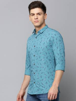 men's long sleeves conversational turquoise blue shirt 3