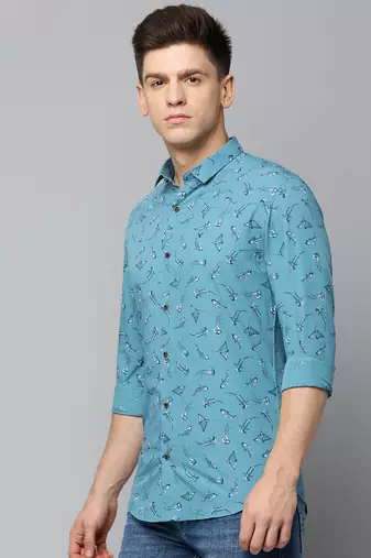 men's long sleeves conversational turquoise blue shirt