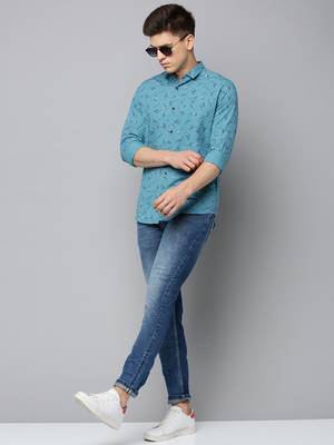 men's long sleeves conversational turquoise blue shirt 5