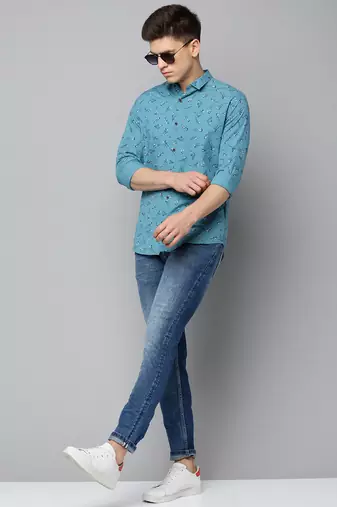 men's long sleeves conversational turquoise blue shirt