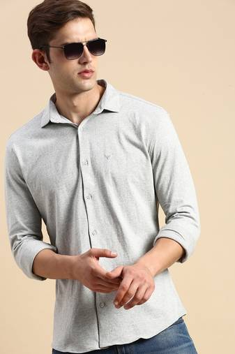 men's long sleeves solid grey melange shirt