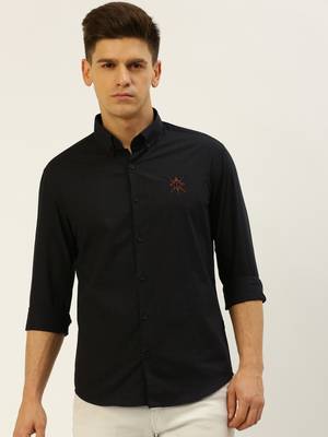 men's long sleeves gingham checks navy blue shirt 2