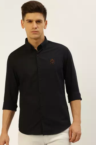 men's long sleeves gingham checks navy blue shirt