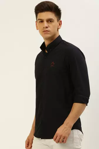 men's long sleeves gingham checks navy blue shirt
