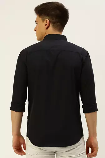 men's long sleeves gingham checks navy blue shirt