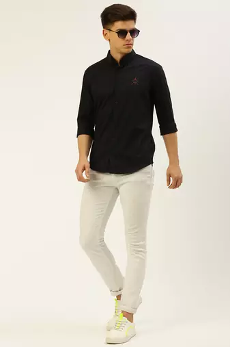 men's long sleeves gingham checks navy blue shirt