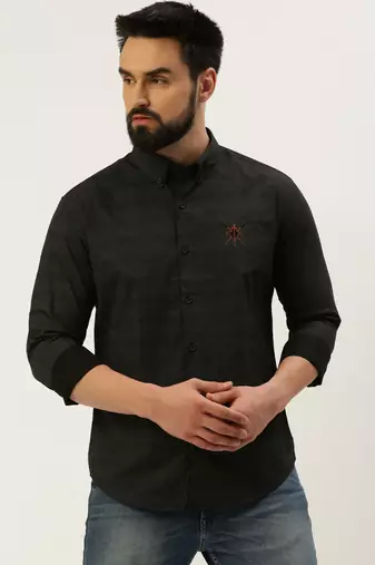 men's long sleeves gingham checks black shirt