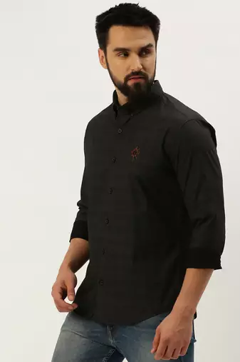men's long sleeves gingham checks black shirt
