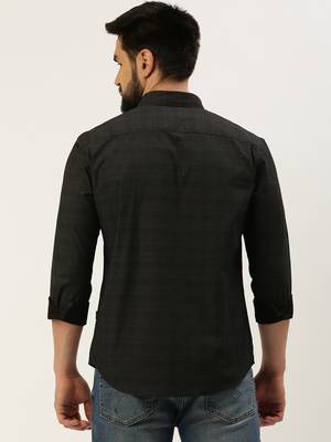 men's long sleeves gingham checks black shirt 4