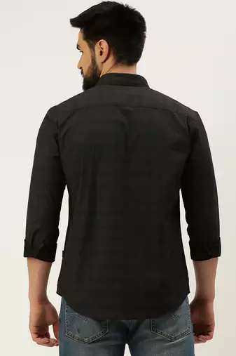men's long sleeves gingham checks black shirt