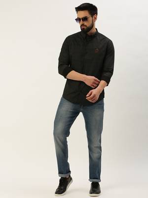 men's long sleeves gingham checks black shirt 5