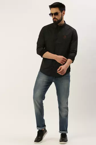 men's long sleeves gingham checks black shirt