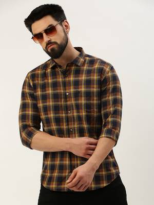 men's long sleeves tartan checks navy blue shirt 1