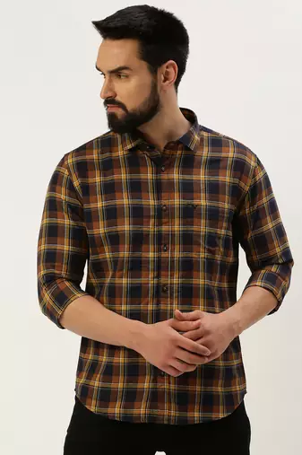 men's long sleeves tartan checks navy blue shirt