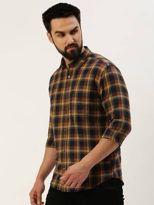 men's long sleeves tartan checks navy blue shirt 3