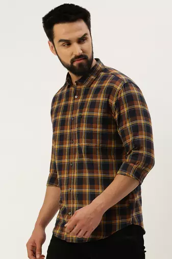 men's long sleeves tartan checks navy blue shirt
