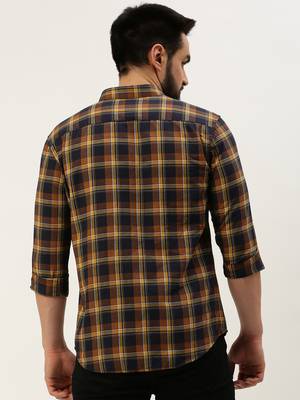men's long sleeves tartan checks navy blue shirt 4