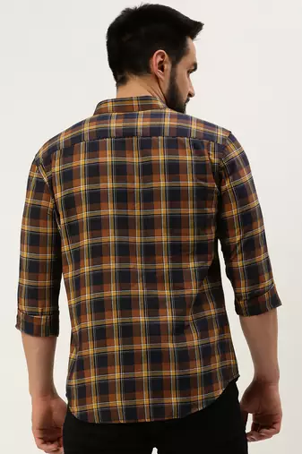 men's long sleeves tartan checks navy blue shirt