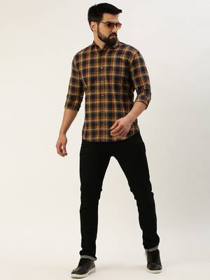 men's long sleeves tartan checks navy blue shirt 5