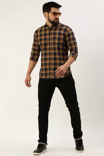 men's long sleeves tartan checks navy blue shirt