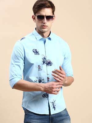 men's long sleeves typography turquoise blue shirt 1