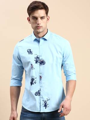 men's long sleeves typography turquoise blue shirt 2