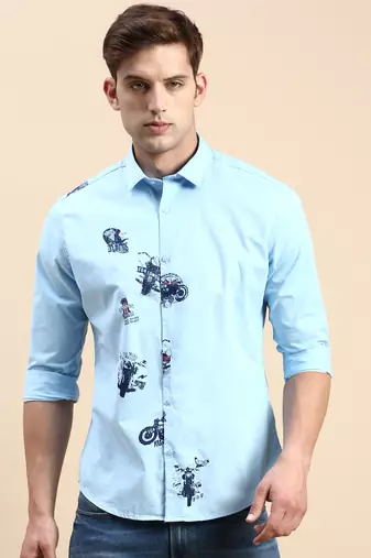 men's long sleeves typography turquoise blue shirt
