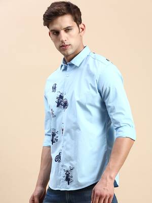 men's long sleeves typography turquoise blue shirt 3