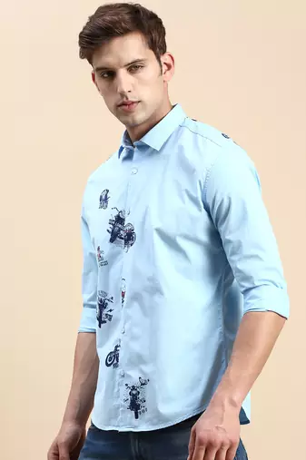 men's long sleeves typography turquoise blue shirt