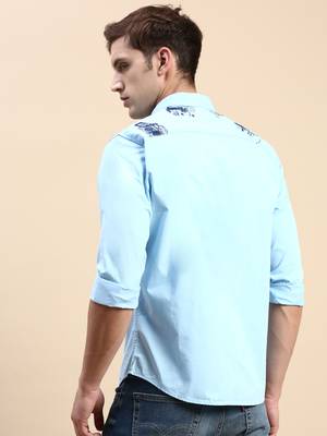 men's long sleeves typography turquoise blue shirt 4