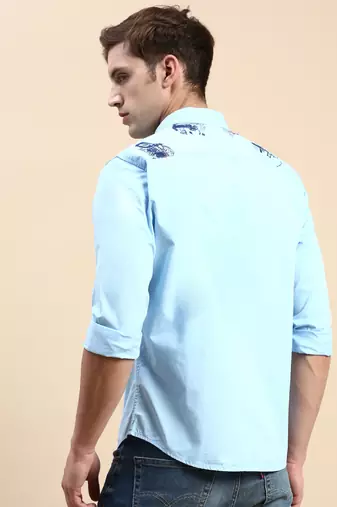men's long sleeves typography turquoise blue shirt