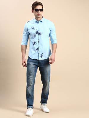 men's long sleeves typography turquoise blue shirt 5
