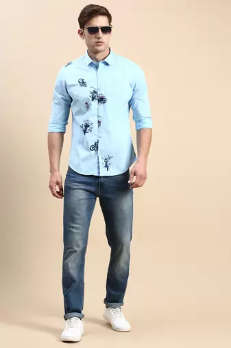 men's long sleeves typography turquoise blue shirt