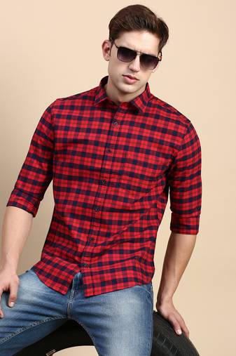 men's long sleeves other checks red shirt