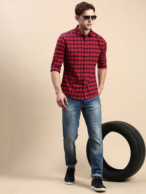 men's long sleeves other checks red shirt 5