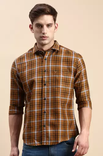 men's long sleeves other checks mustard shirt